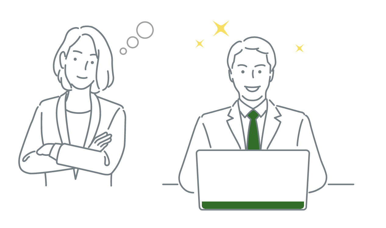 Illustration of professional woman standing next to man on laptop sharing business ideas