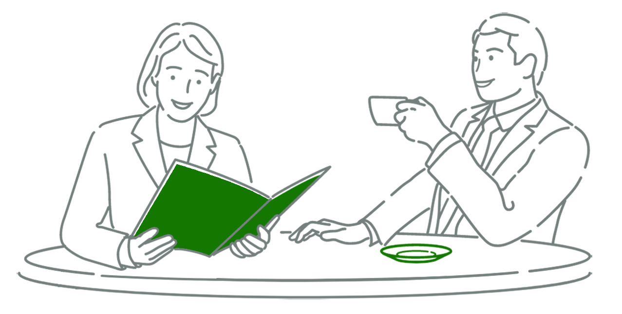 Illustration of professional smiling woman sitting next to smiling man at a table reviewing his report, while holding a cup.